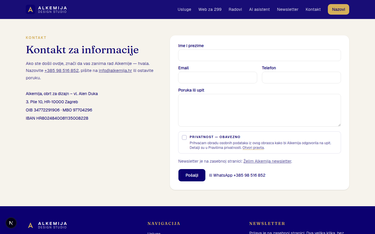 Izgled stranice Kontakt